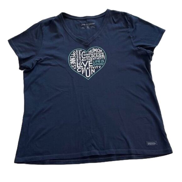 Life is Good Blue Crusher V-Neck T-Shirt, Heart, Gratitude, Love, Fun, Humor, XL - Picture 1 of 9